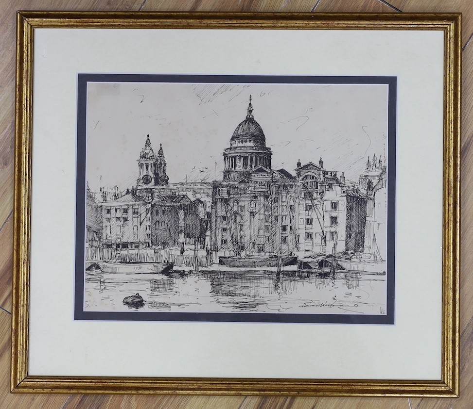 Edward Wesson (1910-1983), pen and ink, St Paul's from The Thames, signed and dated '57, 24 x 32cm